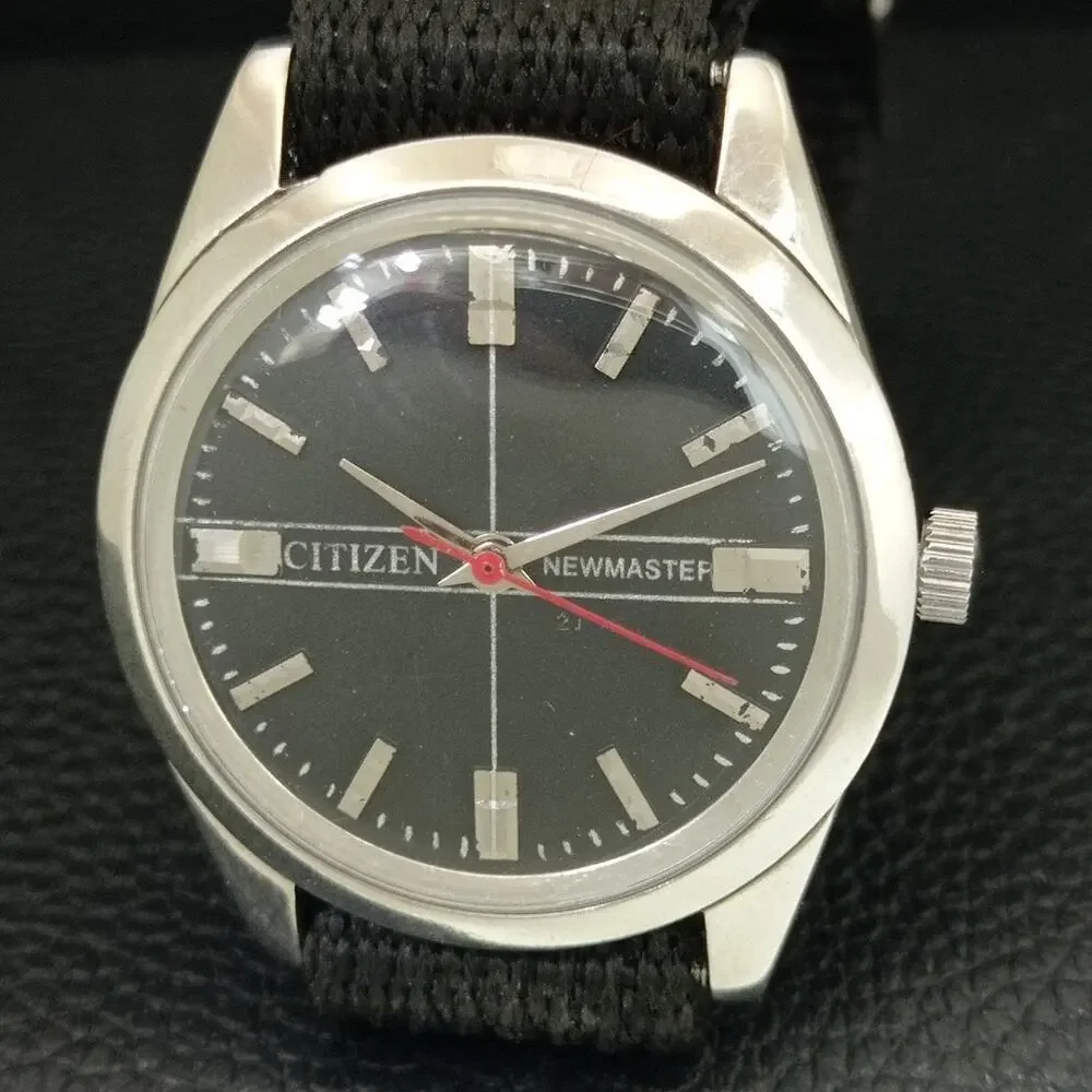 Vintage 1974 Citizen Manual Wound Mens Silver Watch & Red accents